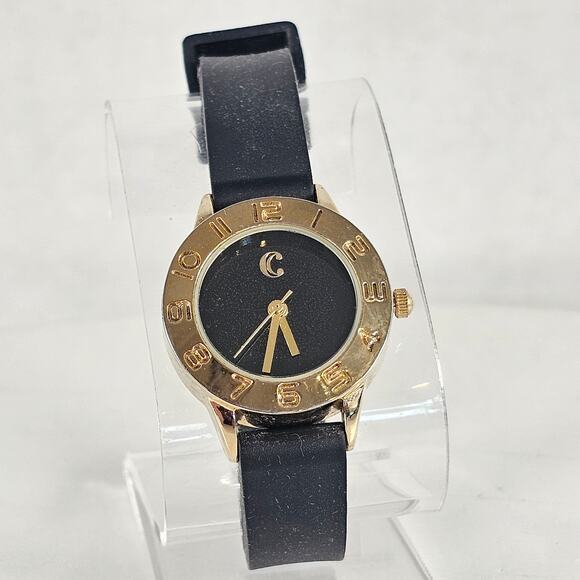 Women's Black Gold Watch Quartz Rubber Strap Analog 27mm Case, New Battery - Picture 5 of 11